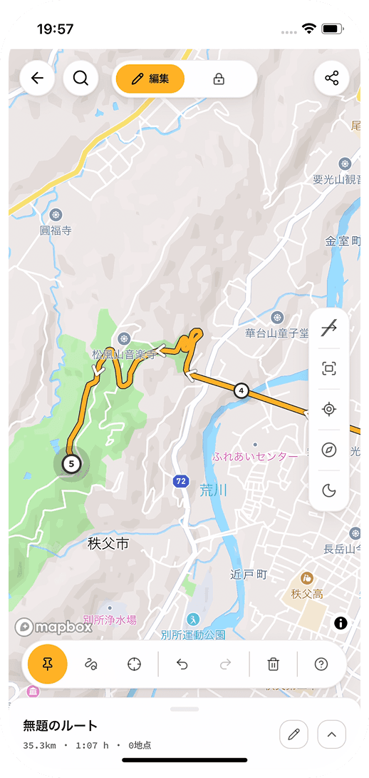 micheeseで走りたい道をつないだルート編集画面